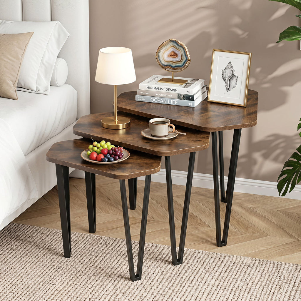Nesting Coffee Tables Set of 3 with Metal Frame - Rustic Brown