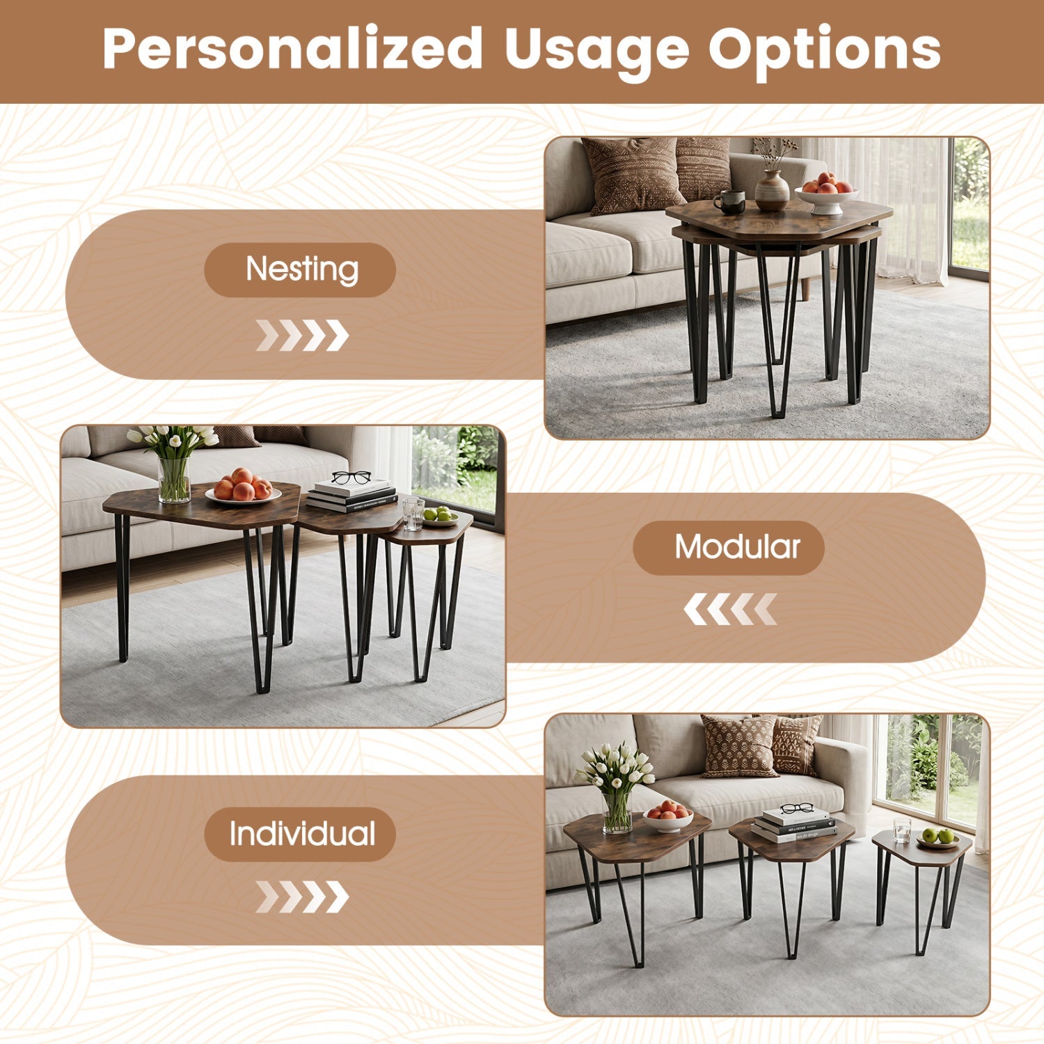 Nesting Coffee Tables Set of 3 with Metal Frame - Rustic Brown