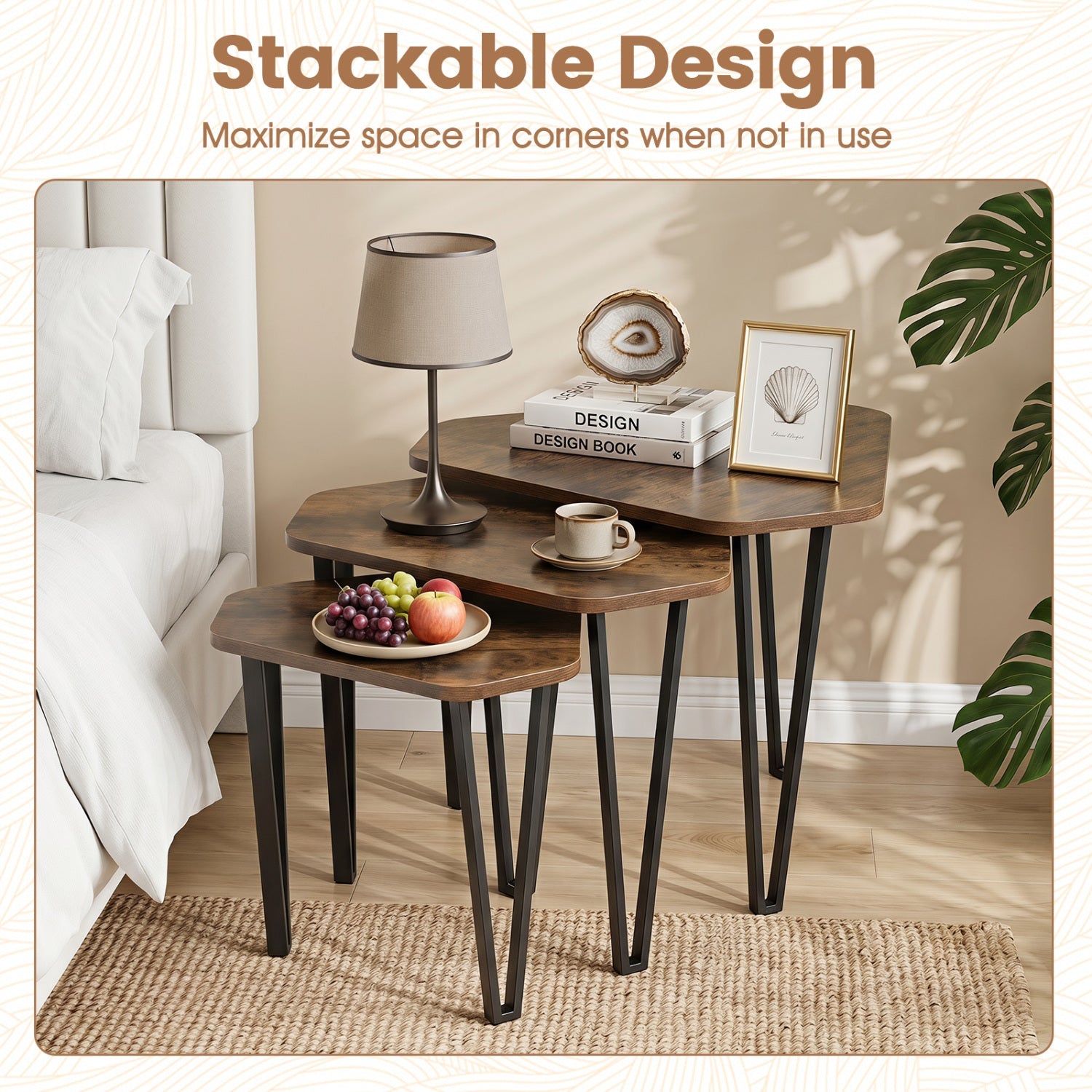 Nesting Coffee Tables Set of 3 with Metal Frame - Rustic Brown