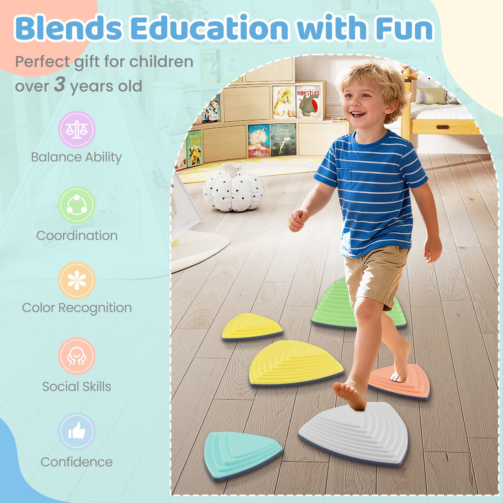 Set of 11 Stepping Stones for Kids Non-Slip Balance Stones with Storage Bag