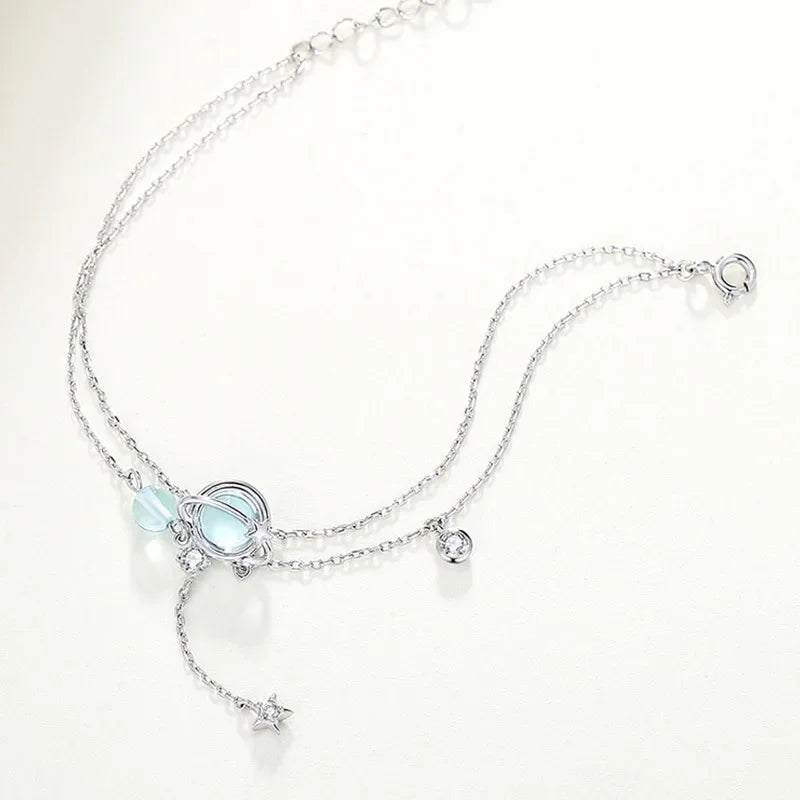 Aquamarine Crystal Encrusted Sterling Silver Bracelet | Double Layer Charm Bracelet