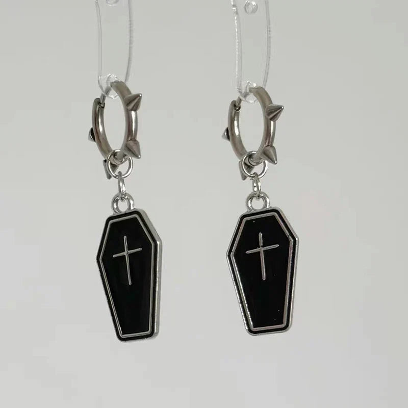 Gothic Coffin Cross Hoop Earrings | Punk Grunge Jewelry for Women