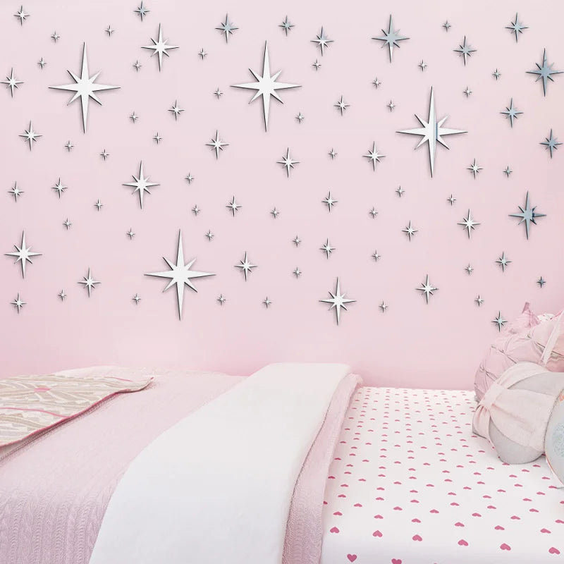 82pcs Acrylic Star Mirror Wall Sticker | Self-Adhesive Wall Decor Set