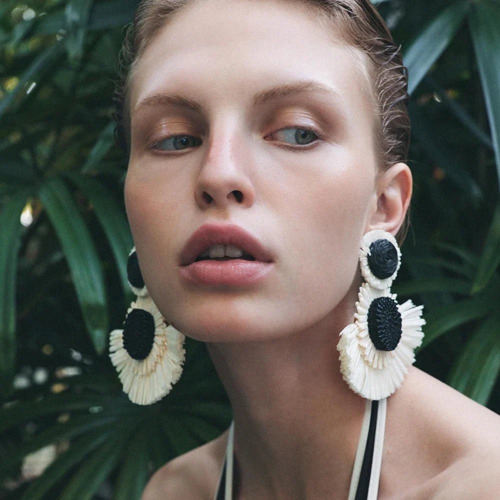 Black And White Raffia Fan Dangle Earrings | Bohemian Tribal Handmade Jewelry