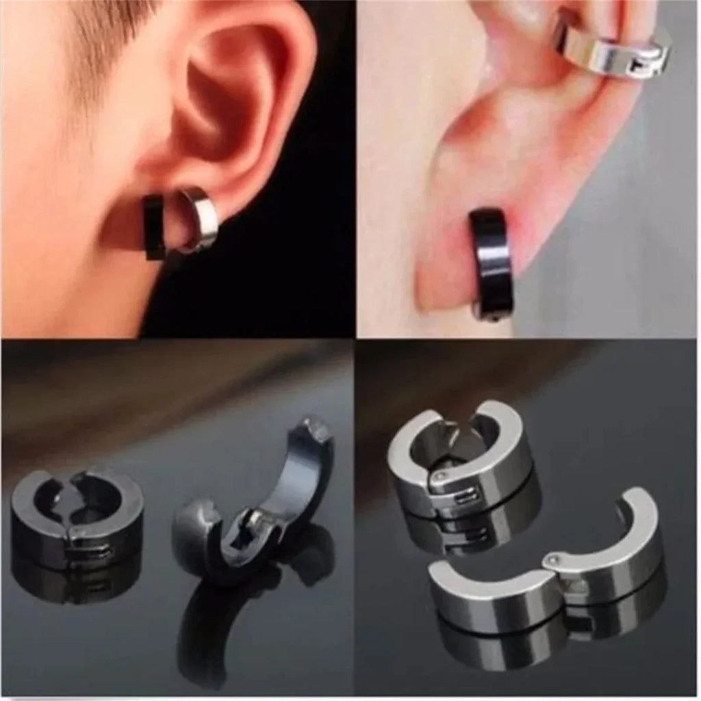Stainless Steel Cuff Earrings for Men | Non Piercing Clip On Hoop Set