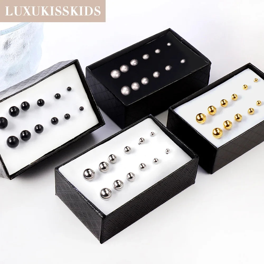 Stainless Steel Ball Stud Earrings Set 6 Pairs | Minimalist Round Clip Earrings for Women Girls