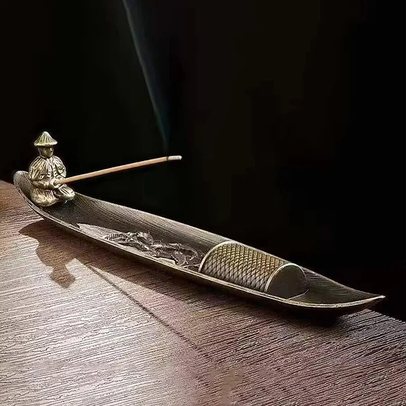 Fishing Old Man Incense Burner | Decorative Metal Boat Incense Holder