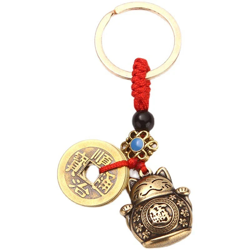 Handmade Brass Feng Shui Coins Keychain | Lucky Cat Car Keychain with Five Emperors Money