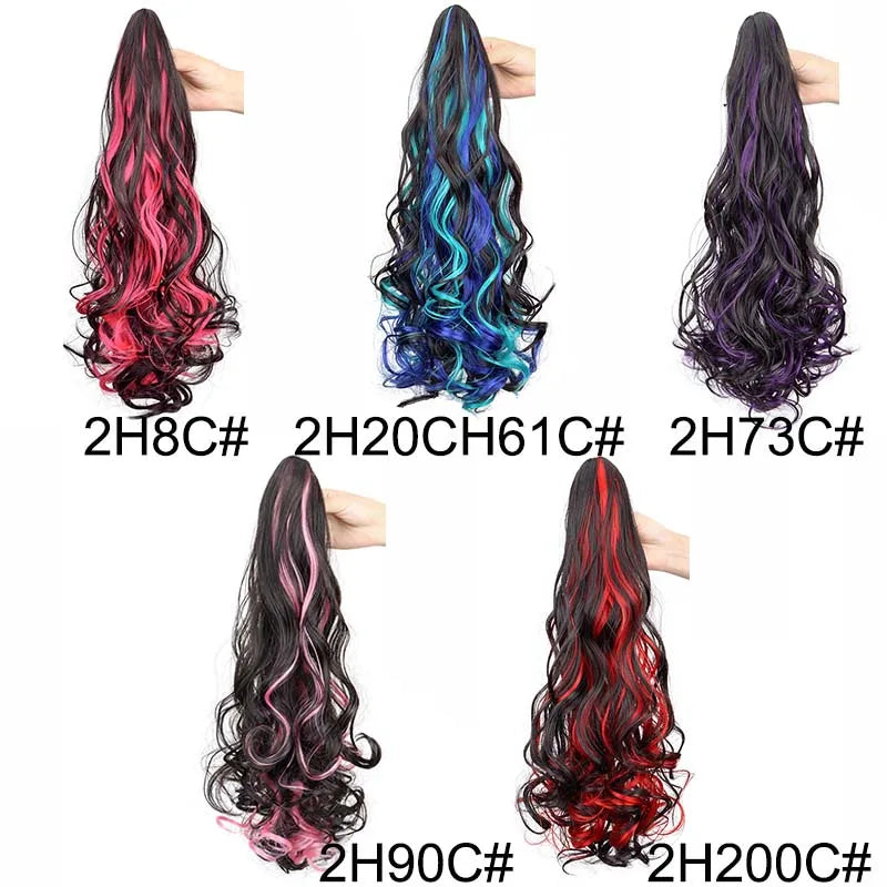 20 Inch Long Curly Ponytail Hair Extension | Mixed Red Purple Clip-In Hairpiece