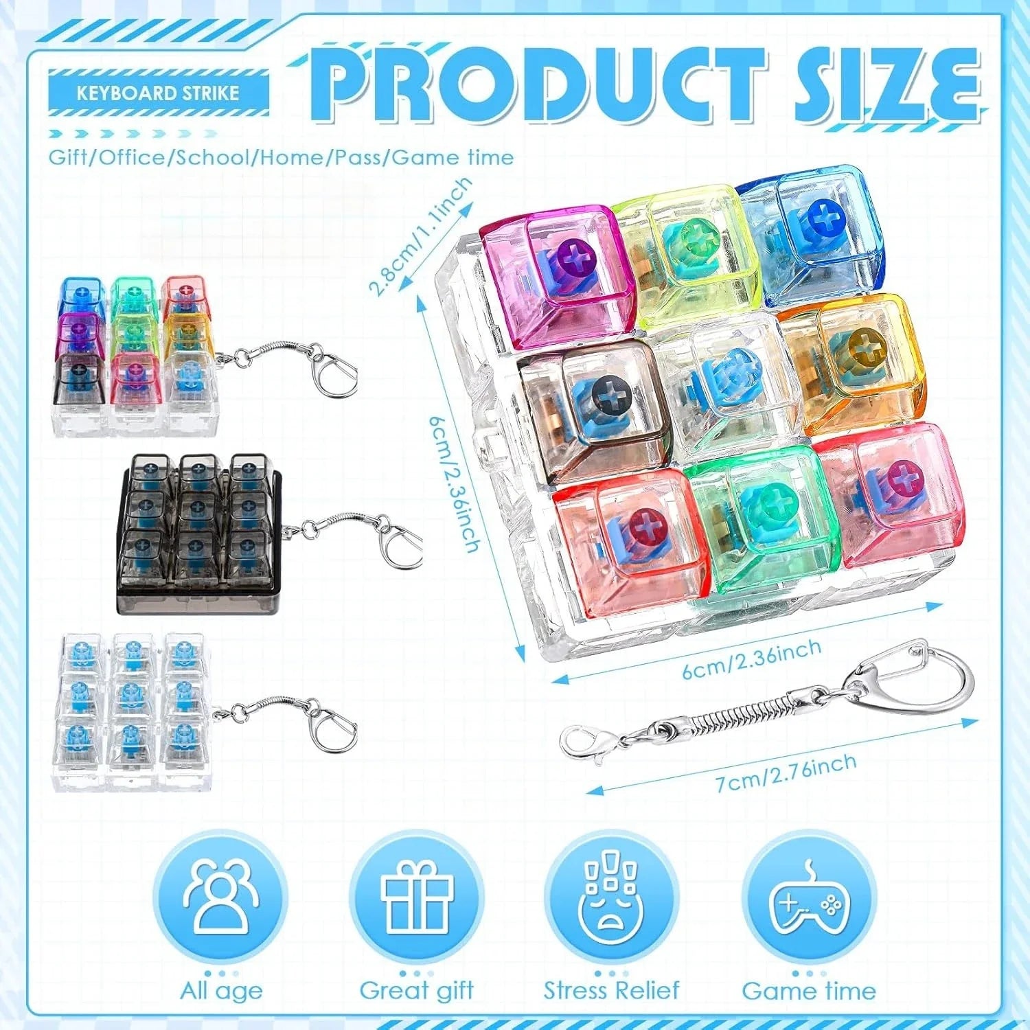 LED Light Up Keychain Keyboard Fidget Toy | Clickable Stress Relief Keychain