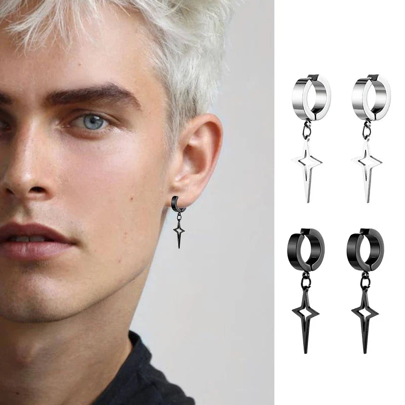 Stainless Steel Punk Star Hoop Earrings | Clip-On Earrings for Men and Women