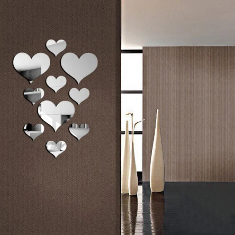10Pcs Acrylic Love Heart Wall Stickers | Mirror 3D Decals for Home Decor