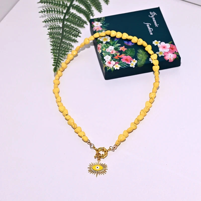 Heart Choker Necklace with Colorful Beads | Bohemian Eye Pendant Set for Women
