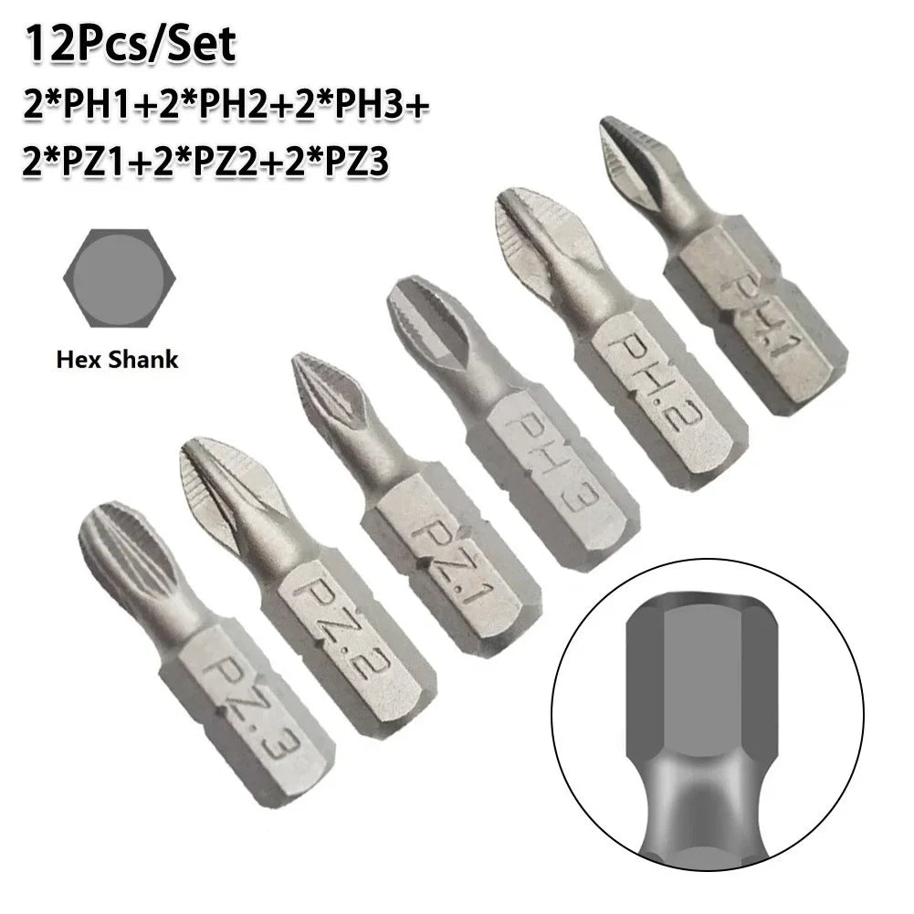 25mm Cross Bits Set | Hex Shanked Anti-Slip Magnetic Screwdriver Bits