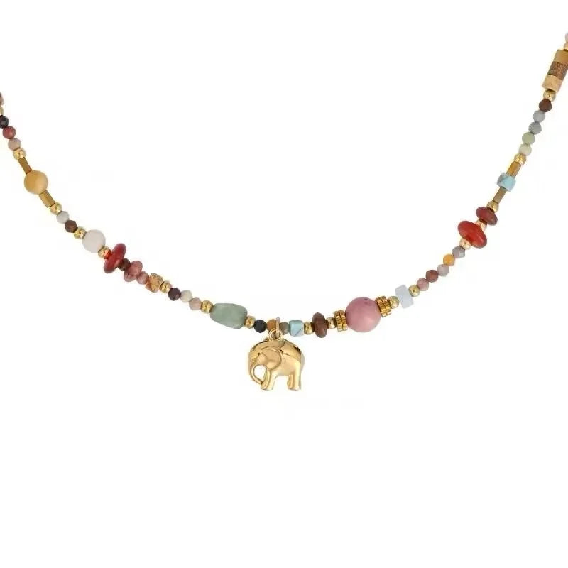French Retro Natural Stone Pendant Necklace | Elegant Elephant Jewelry for Women