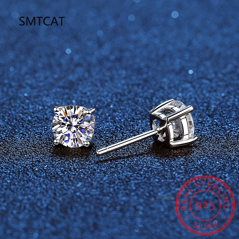 14K White Gold Plated Moissanite Stud Earrings | 925 Sterling Silver Round Cut Earrings for Women