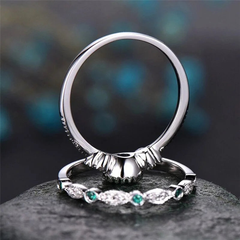 925 Sterling Silver Ring Set with Emerald Zircon Crystals | Women's Wedding Engagement Jewelry