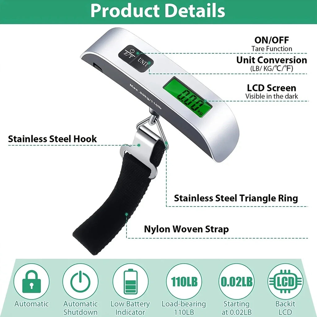 Portable Hanging Luggage Scale | Digital Travel Scale 110lb/50kg
