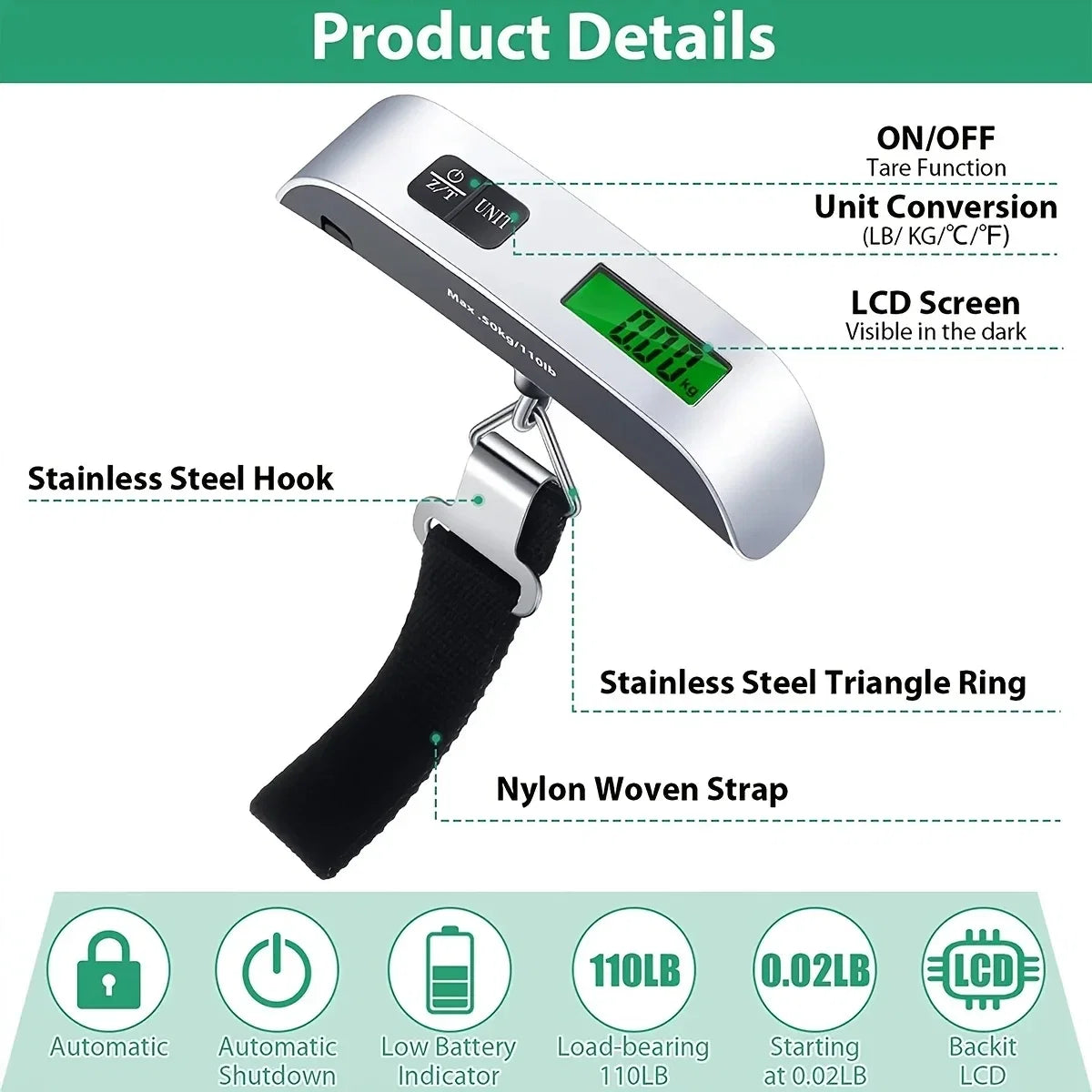 Portable Hanging Luggage Scale | Digital Travel Scale 110lb/50kg