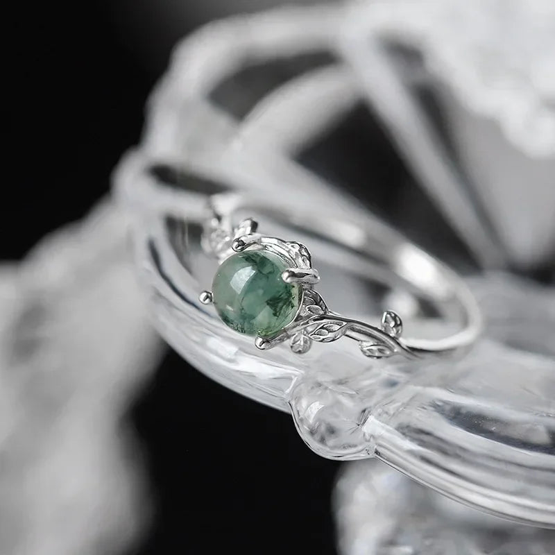 S925 Sterling Silver Green Moss Agate Ring | Classic Women's Wedding Band