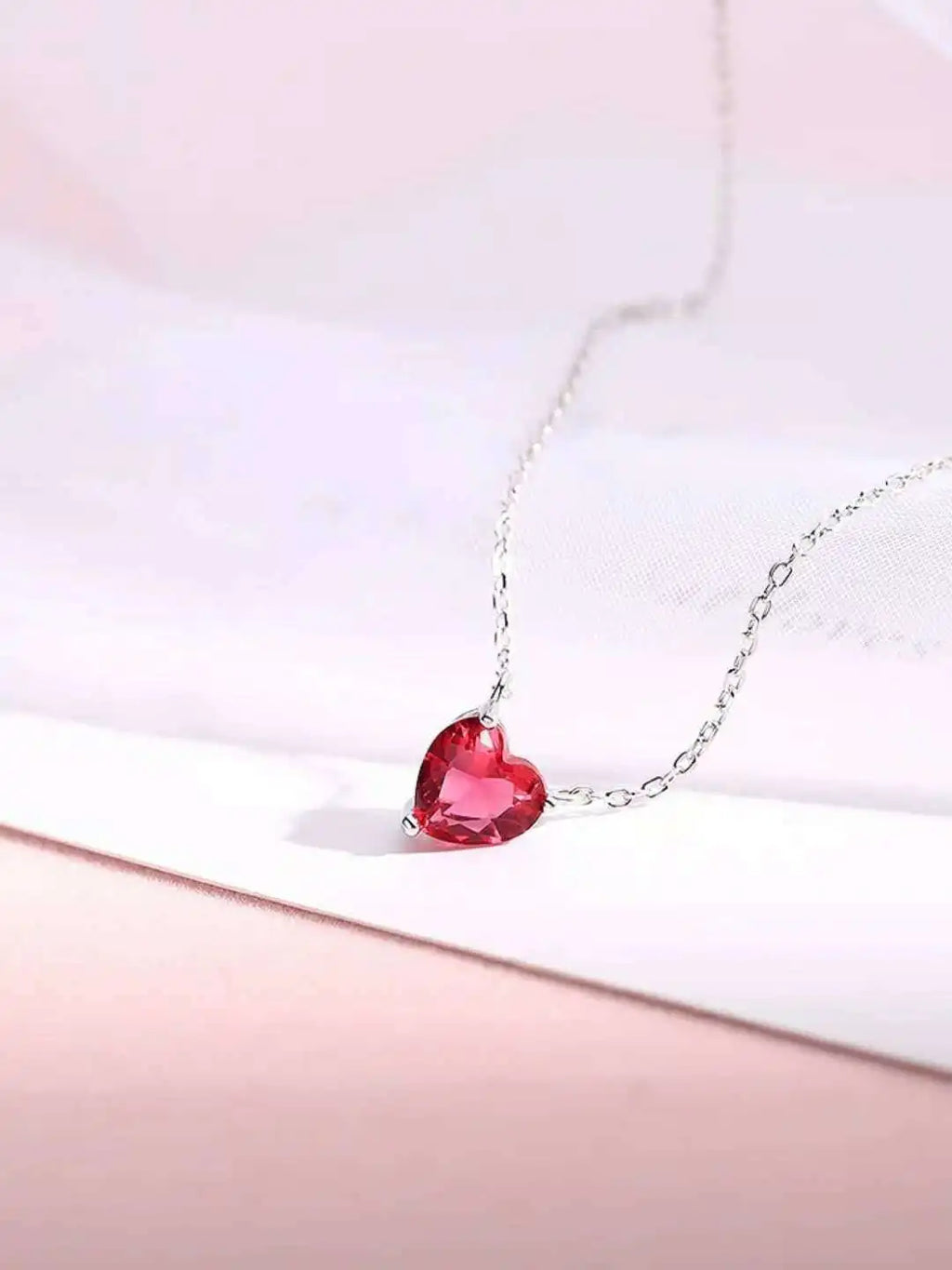 Silver Plated Red Zircon Heart Pendant Necklace | Women's Charm Jewelry