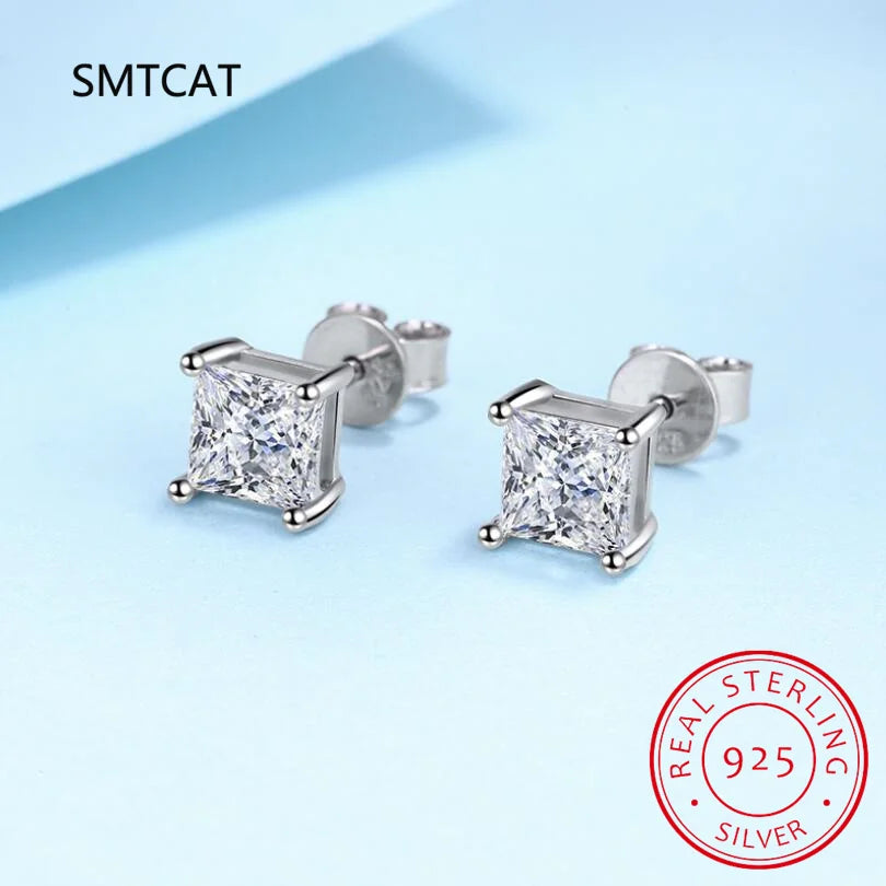 Moissanite Stud Earrings 925 Sterling Silver | VVS Simulated Diamond Princess Cut