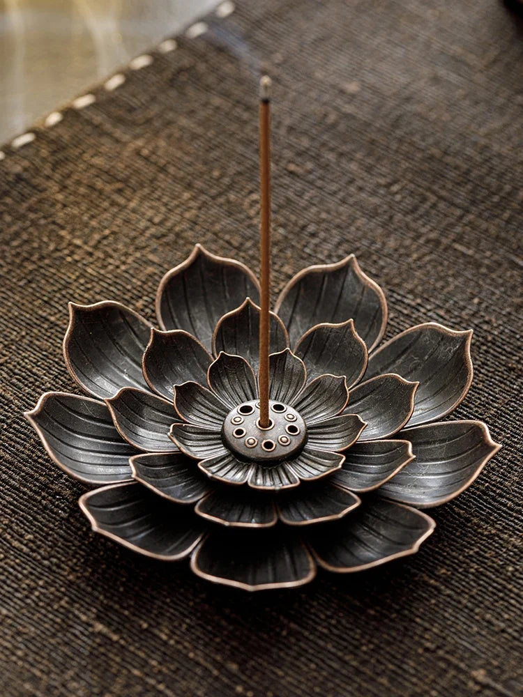 2in1 Alloy Incense Burner | Metal Sandalwood Stick Holder with Zen Lotus Design