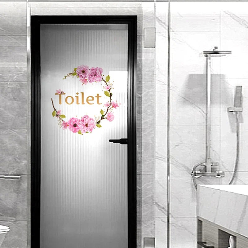 Flower Toilet Door Wall Stickers | Elegant Bathroom Decor Signs
