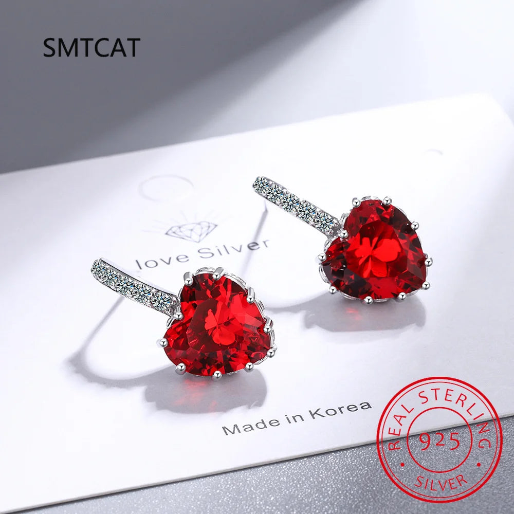Natural Garnet Red Ruby Heart Stud Earrings | 925 Sterling Silver Jewelry for Women