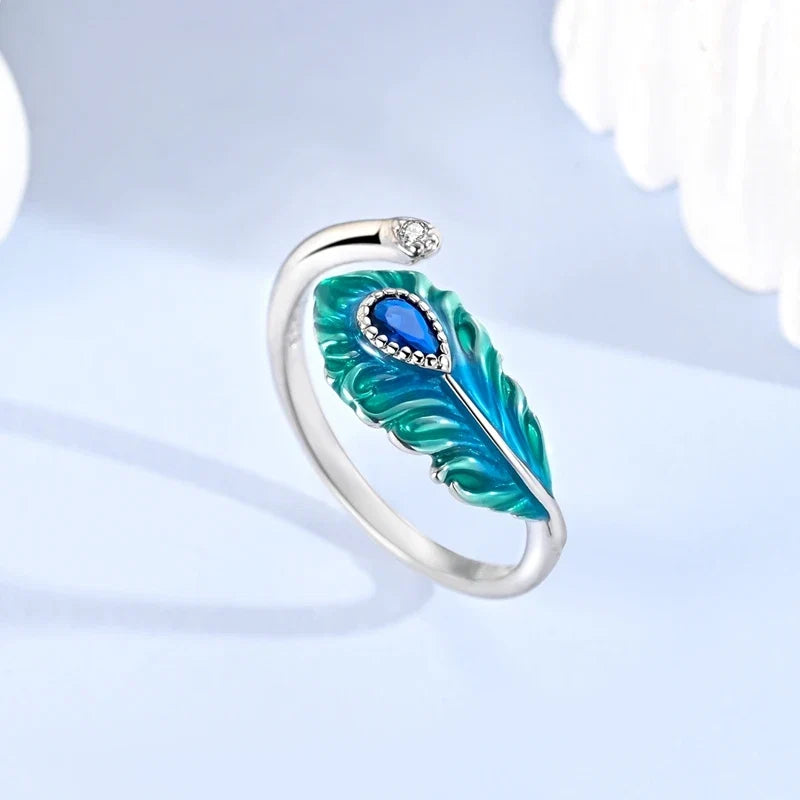 925 Sterling Silver Malachite Green Open Ring | Peacock Feather Adjustable Ring for Women