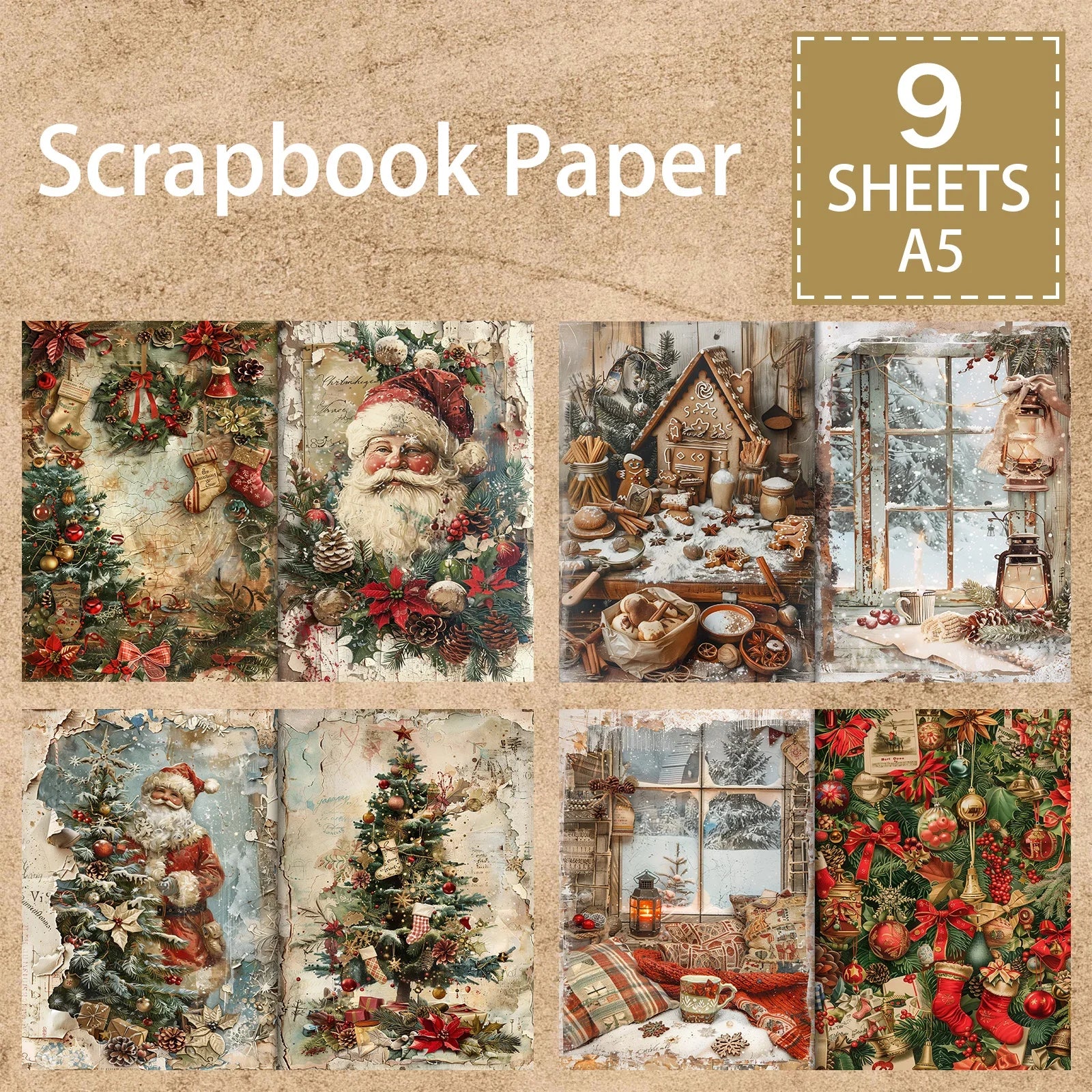 9 Sheets A5 Christmas Retro Santa Girl Vintage Grunge Paper Pack | Scrapbooking Journal Planner