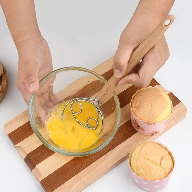 10 Inch Wood Handle Danish Dough Whisk | Stainless Steel Hand Blender for Bread and Batter