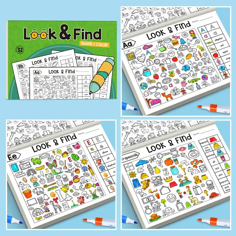 32 Pages Children's Hidden Object Coloring Book | Interactive Educational Matching Game