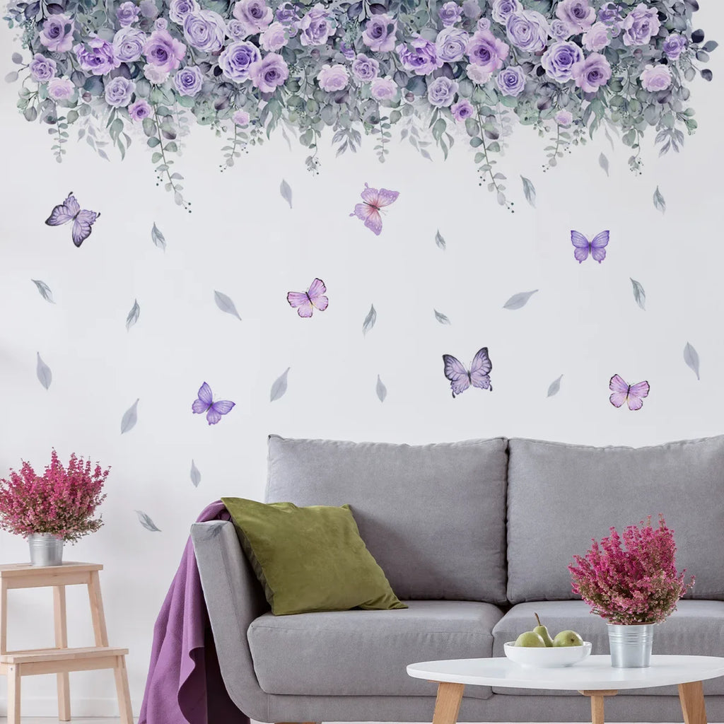 Purple Flower Wall Stickers Self Adhesive | Nordic Art Forest Butterfly Decals for Kids Room