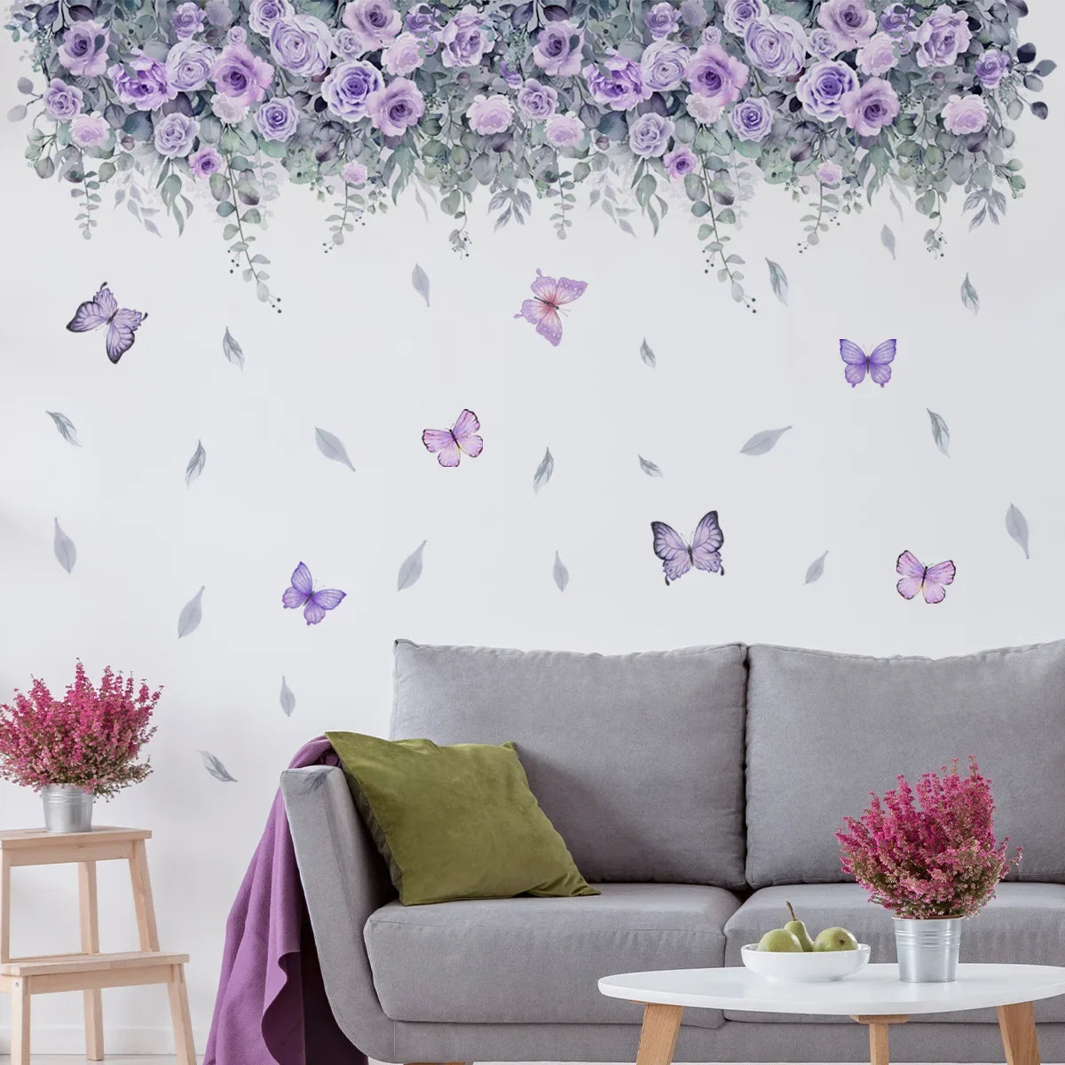 Purple Flower Wall Stickers Self Adhesive | Nordic Art Forest Butterfly Decals for Kids Room