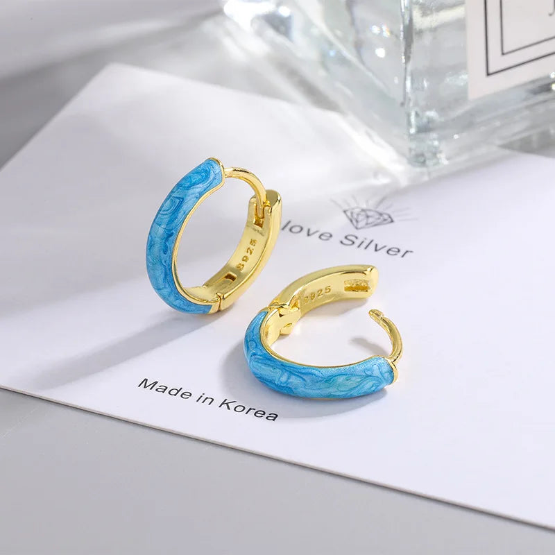 925 Sterling Silver Enamel Pink Blue Stud Earrings for Women | Luxury Piercing Jewelry