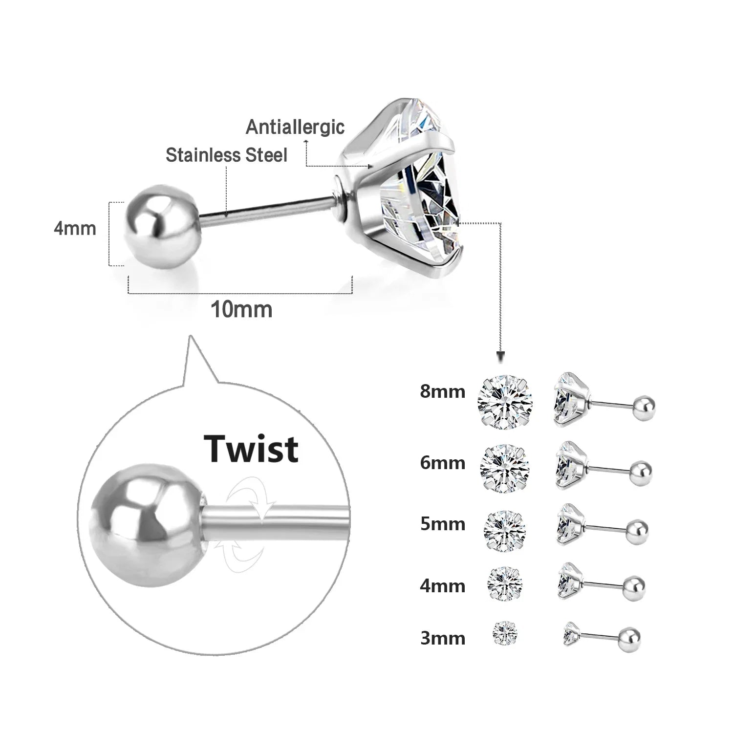 LUXUSTEEL Stainless Steel Round Cubic Zirconia Stud Earrings | Silver Screw-Back Earrings for Women