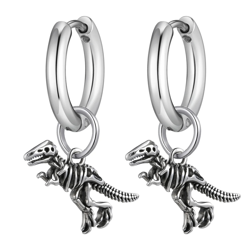 Dinosaur Drop Earrings | Stainless Steel Punk Rock Jewelry for Men and Women