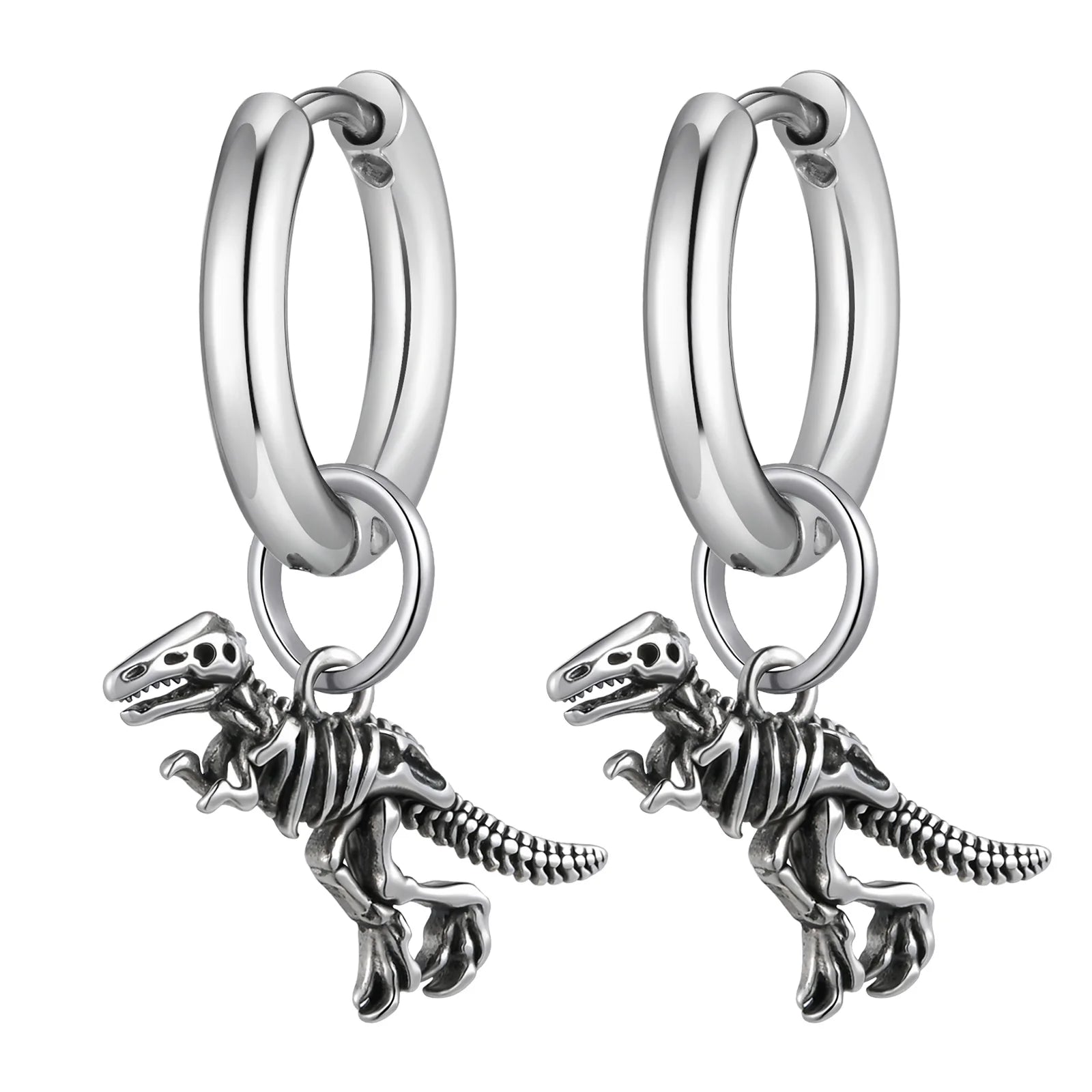 Dinosaur Drop Earrings | Stainless Steel Punk Rock Jewelry for Men and Women