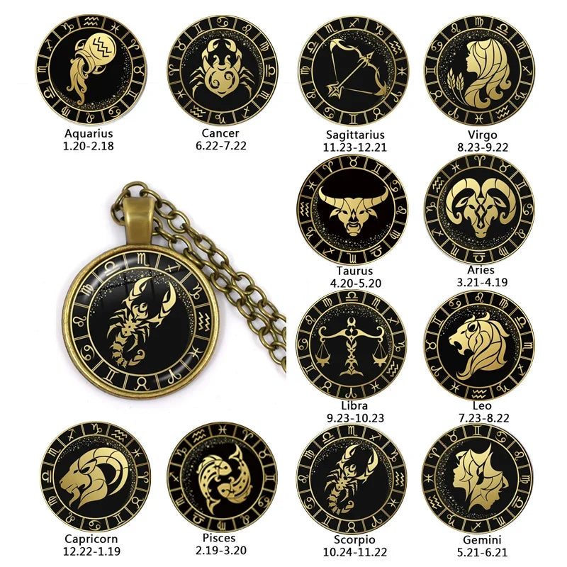 12 Constellation Zodiac Pendant Necklace | Antique Bronze Glass Dome Jewelry