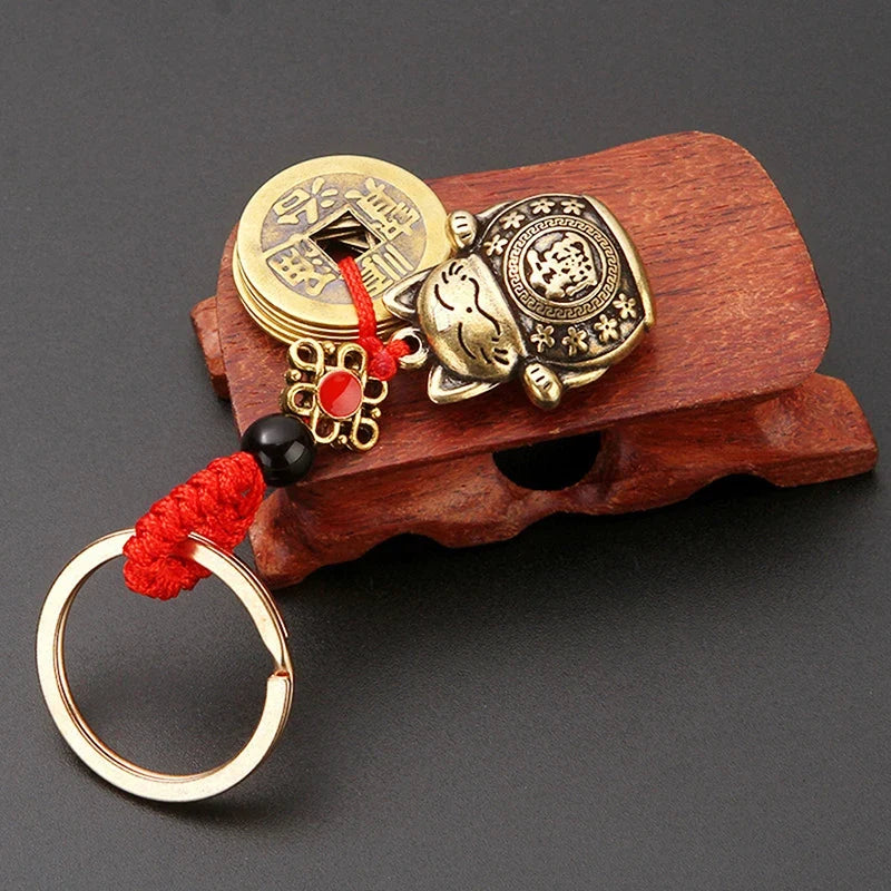 Handmade Brass Feng Shui Coins Keychain | Lucky Cat Car Keychain with Five Emperors Money