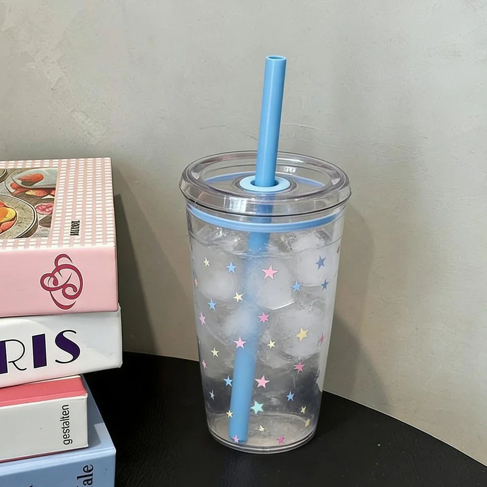 450ml Korean Style Straw Cup | Transparent Multi-Color Plastic Coffee Cup