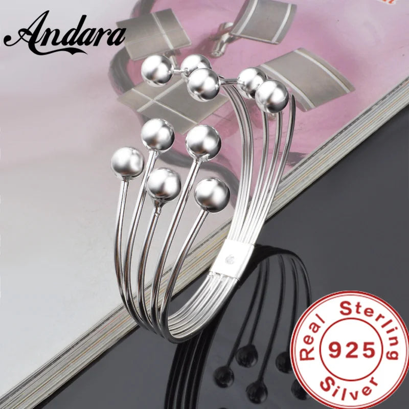 Andara 925 Silver Bead Open Cuff Bracelet Bangle | Unisex Sterling Silver Jewelry Gift