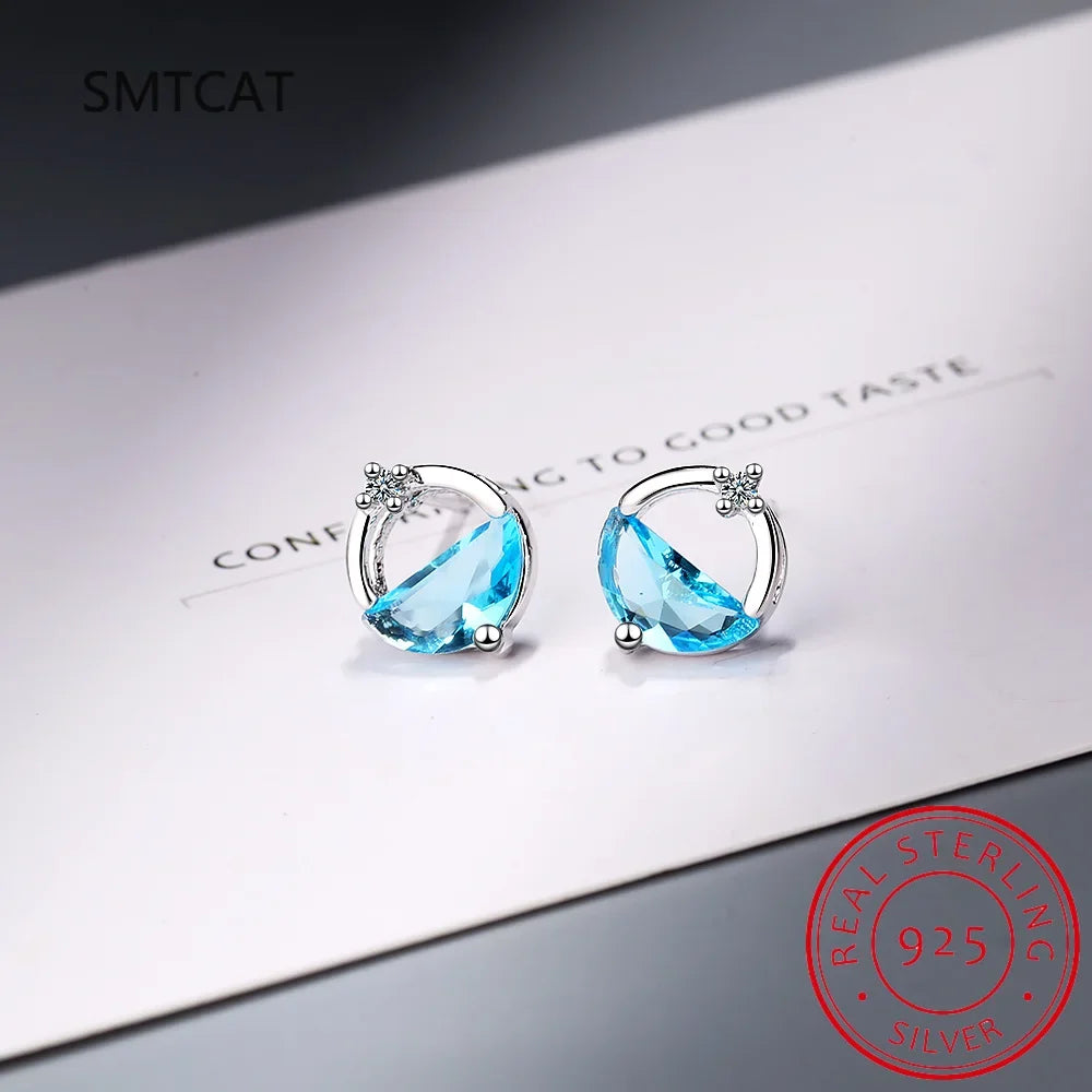 Half Round Natural Sky London Blue Topaz 925 Sterling Silver Spring Water Stud Earrings | Women's Fine Gemstone Jewelry