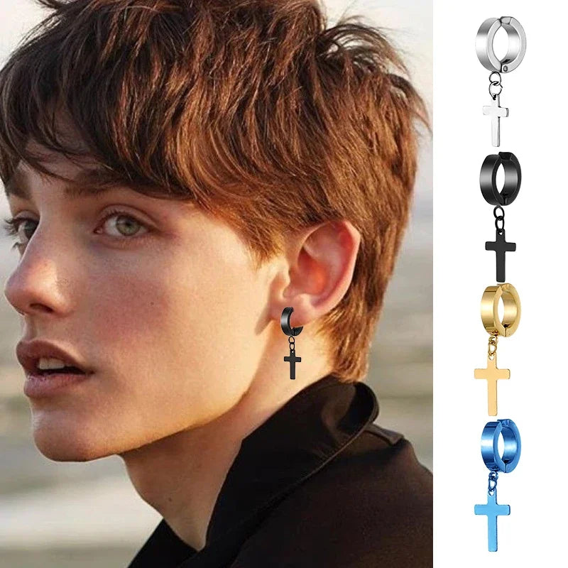 Stainless Steel Clip On Cross Earrings | Non Piercing Gothic Punk Jewelry for Men Women