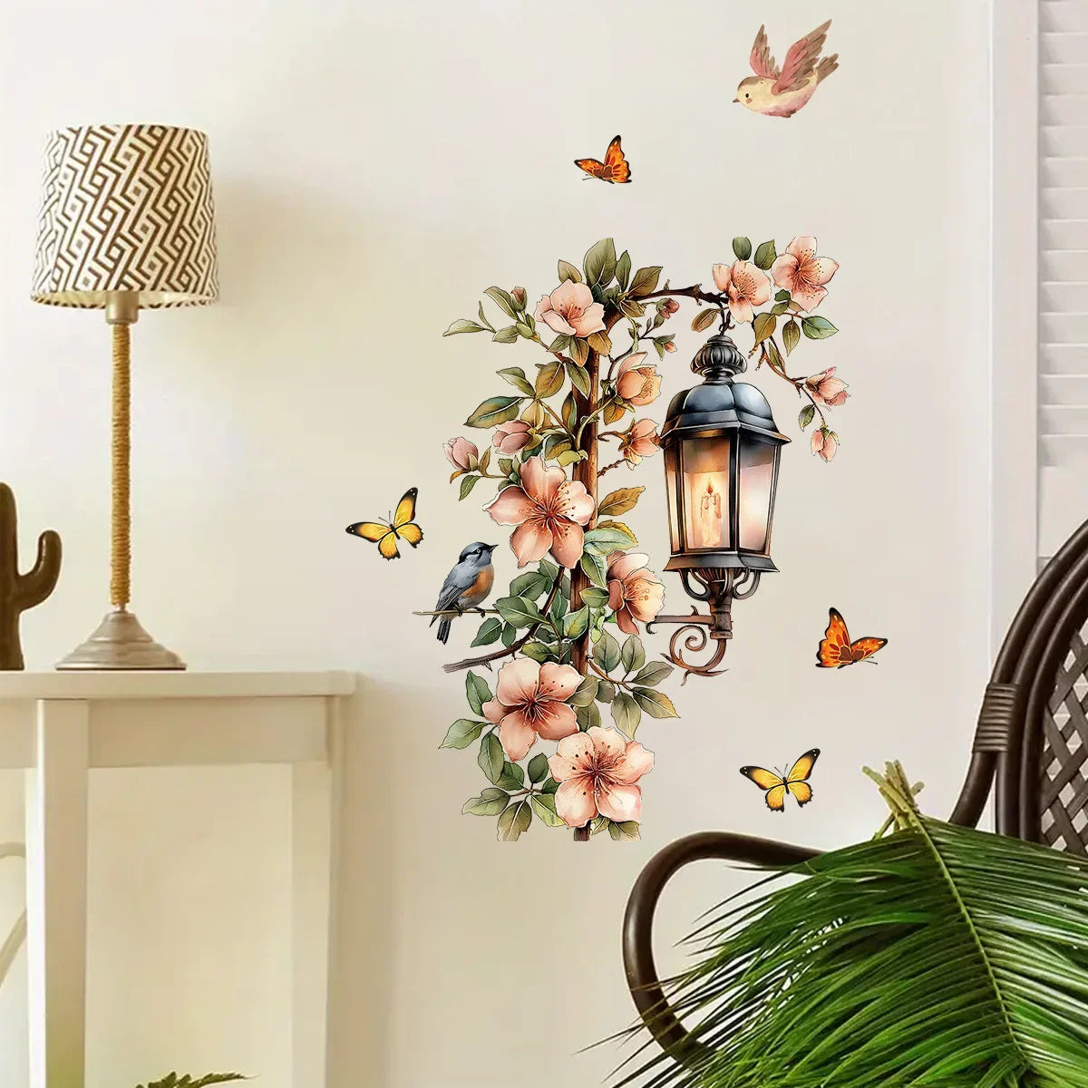 Colorful Flower Pendant Lamp Bird Wall Sticker | Self-Adhesive Home Decal
