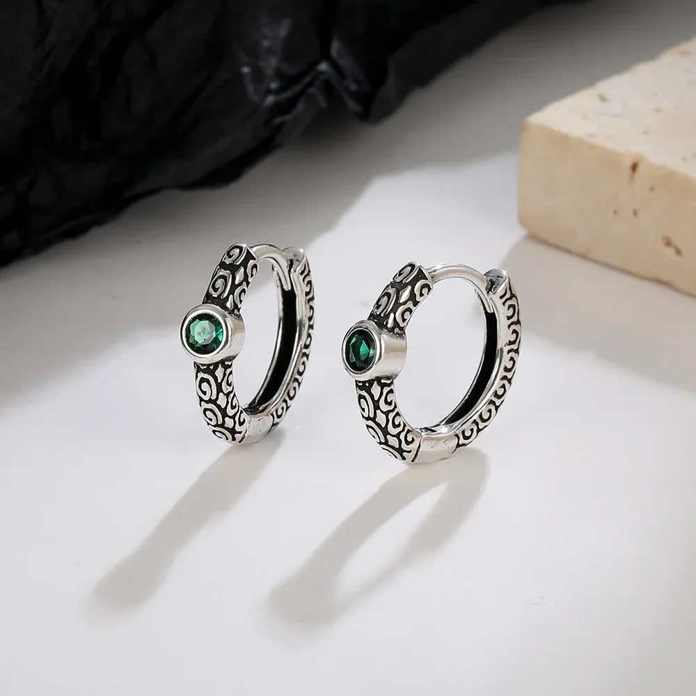 Unisex S925 Sterling Silver Vintage Thai Earrings with Green Zircon | Unique Jewelry Gift Accessory