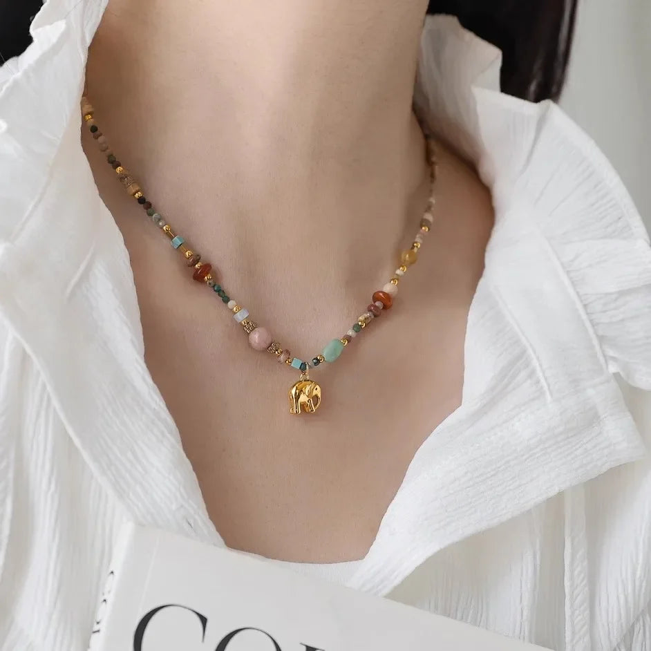 French Retro Natural Stone Pendant Necklace | Elegant Elephant Jewelry for Women