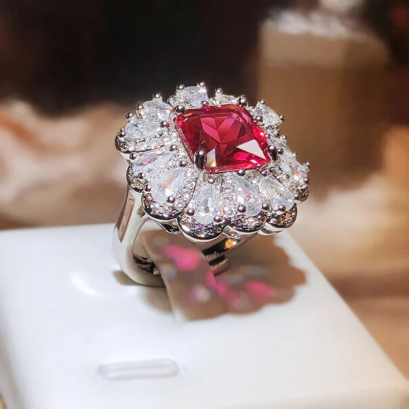 Red Zircon Paraiba Ring 925 Silver | Simple Geometry Cocktail Ring for Women