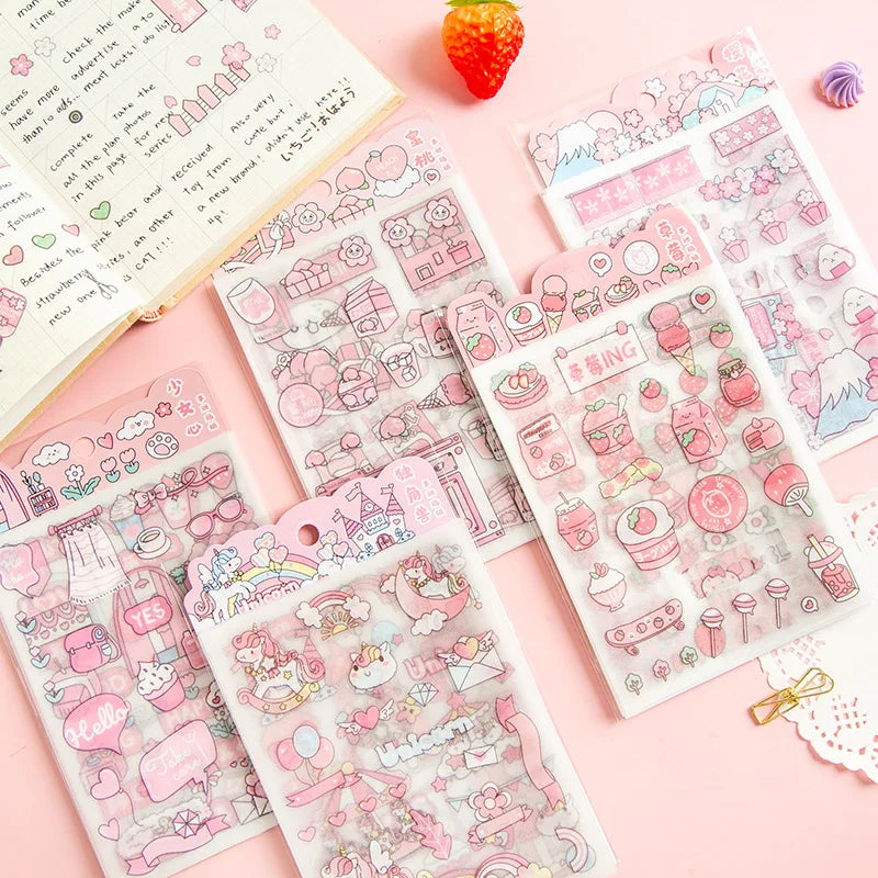 Cute Pink PET Sticker Pack for Scrapbooking and Journaling | 4 Sheets Kawaii Decorative Stickers